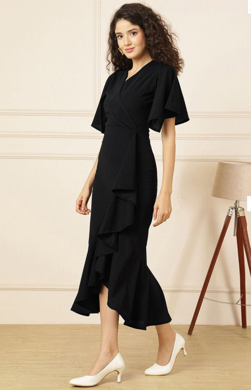 Selvia Women Solid Black V-Neck Ruffles Detail Fit & Flare Wrap Midi Dress