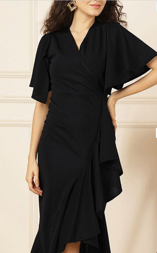 Selvia Women Solid Black V-Neck Ruffles Detail Fit & Flare Wrap Midi Dress