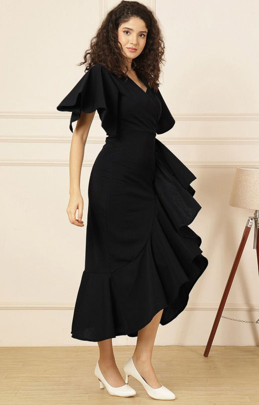 Selvia Women Solid Black V-Neck Ruffles Detail Fit & Flare Wrap Midi Dress