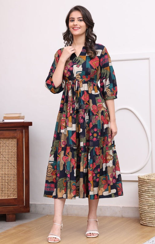 Claura Women Abstract Printed Mandarin Collar A-Line Dress