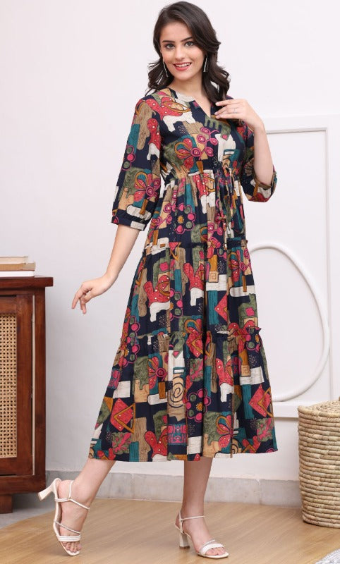Claura Women Abstract Printed Mandarin Collar A-Line Dress