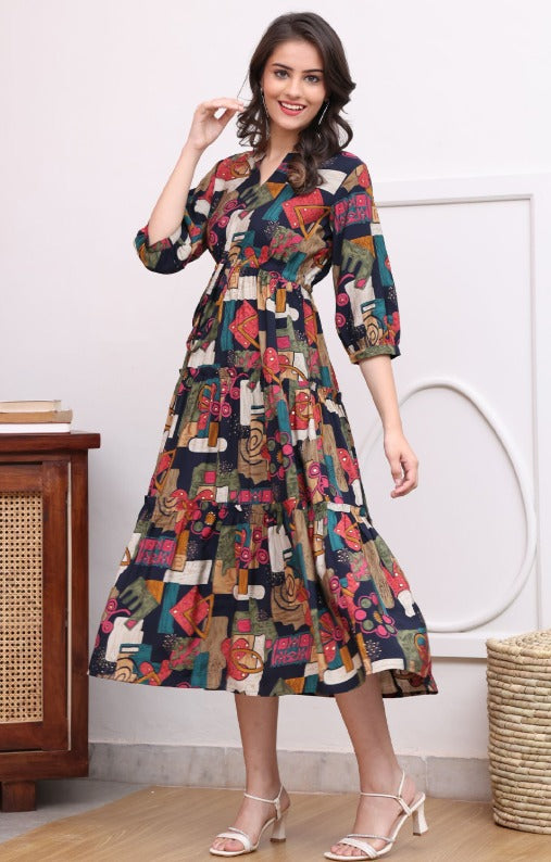 Claura Women Abstract Printed Mandarin Collar A-Line Dress