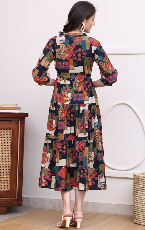 Claura Women Abstract Printed Mandarin Collar A-Line Dress