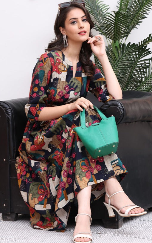 Claura Women Abstract Printed Mandarin Collar A-Line Dress