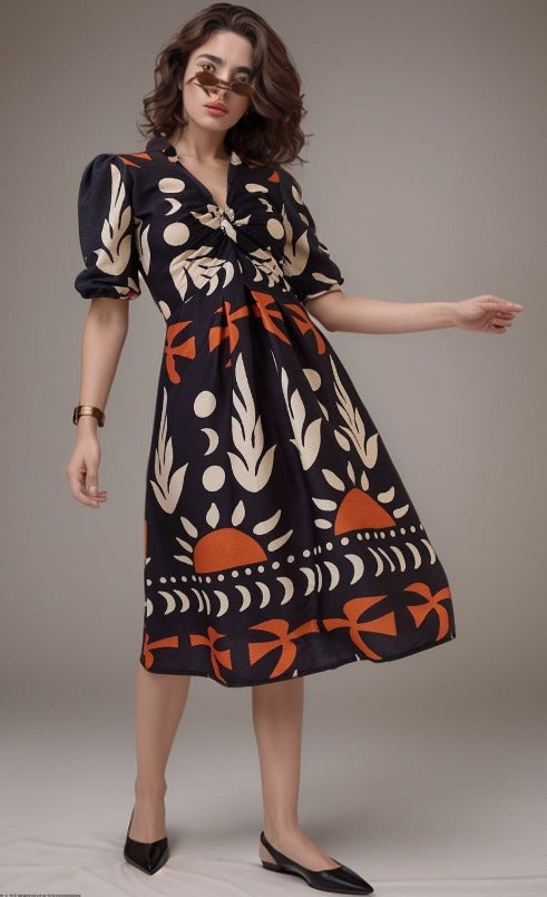 DressBerry Women Print Crepe A-Line Midi Dress