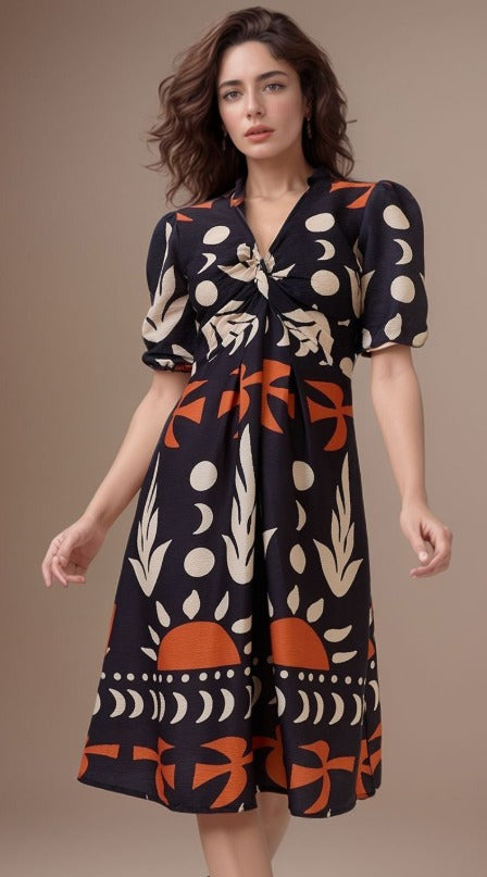 DressBerry Women Print Crepe A-Line Midi Dress