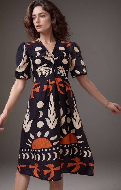 DressBerry Women Print Crepe A-Line Midi Dress
