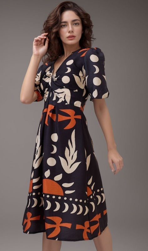 DressBerry Women Print Crepe A-Line Midi Dress