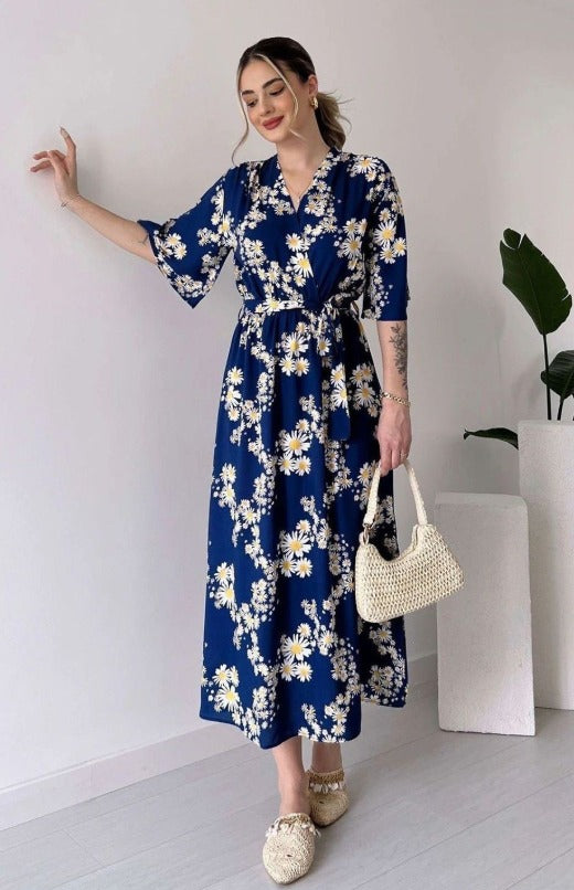 MANOJAVA Women Cotton Floral Printed Wrap Midi Dress