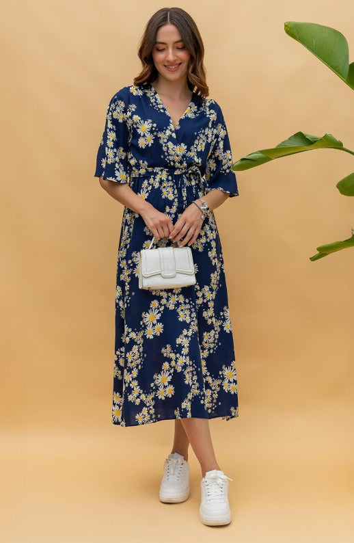 MANOJAVA Women Cotton Floral Printed Wrap Midi Dress