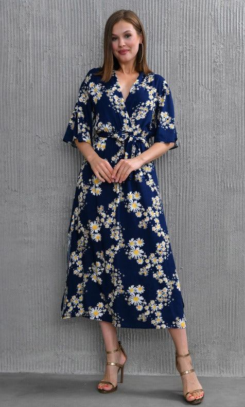 MANOJAVA Women Cotton Floral Printed Wrap Midi Dress