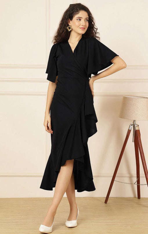 Selvia Women Solid Black V-Neck Ruffles Detail Fit & Flare Wrap Midi Dress