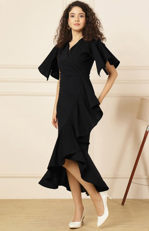 Selvia Women Solid Black V-Neck Ruffles Detail Fit & Flare Wrap Midi Dress