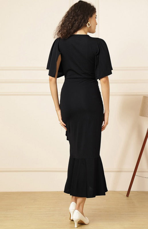 Selvia Women Solid Black V-Neck Ruffles Detail Fit & Flare Wrap Midi Dress